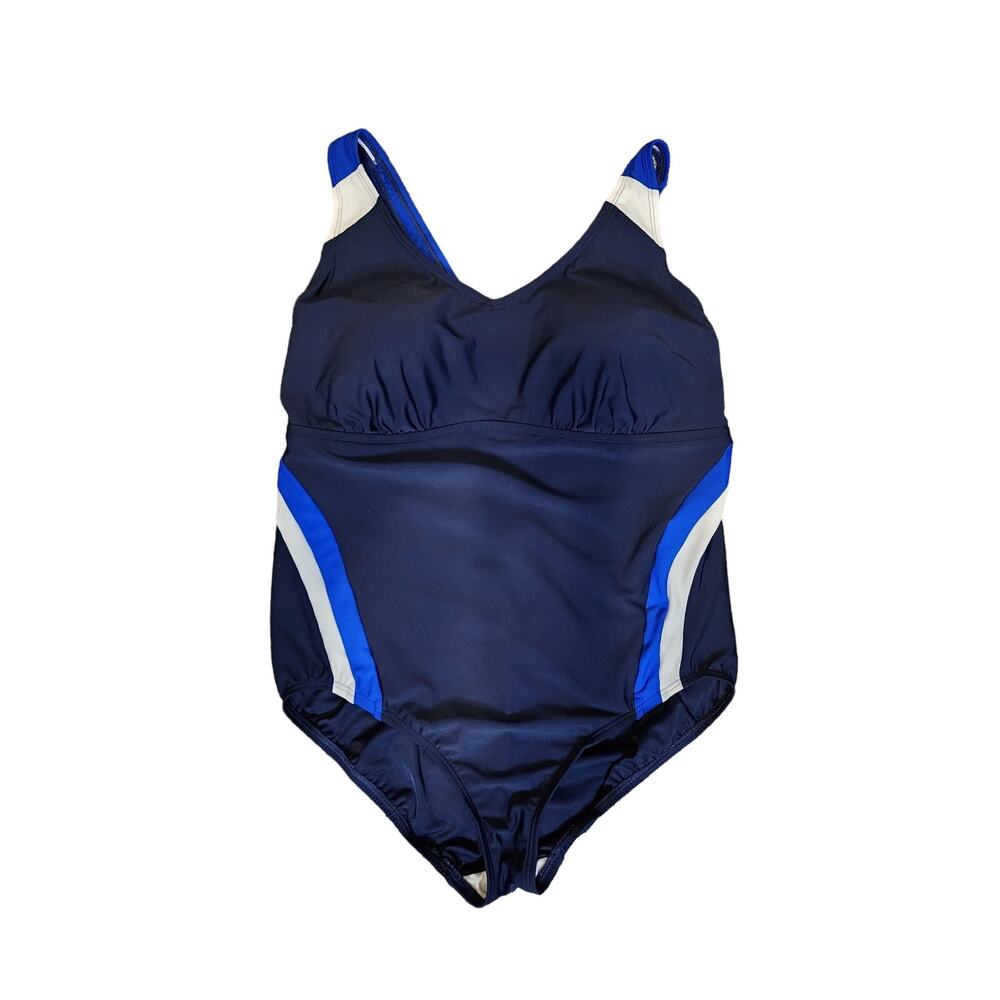 Lands' End Sport Women Blue White Stripe Cross Strap One Piece Swimsuit Sz 18W
